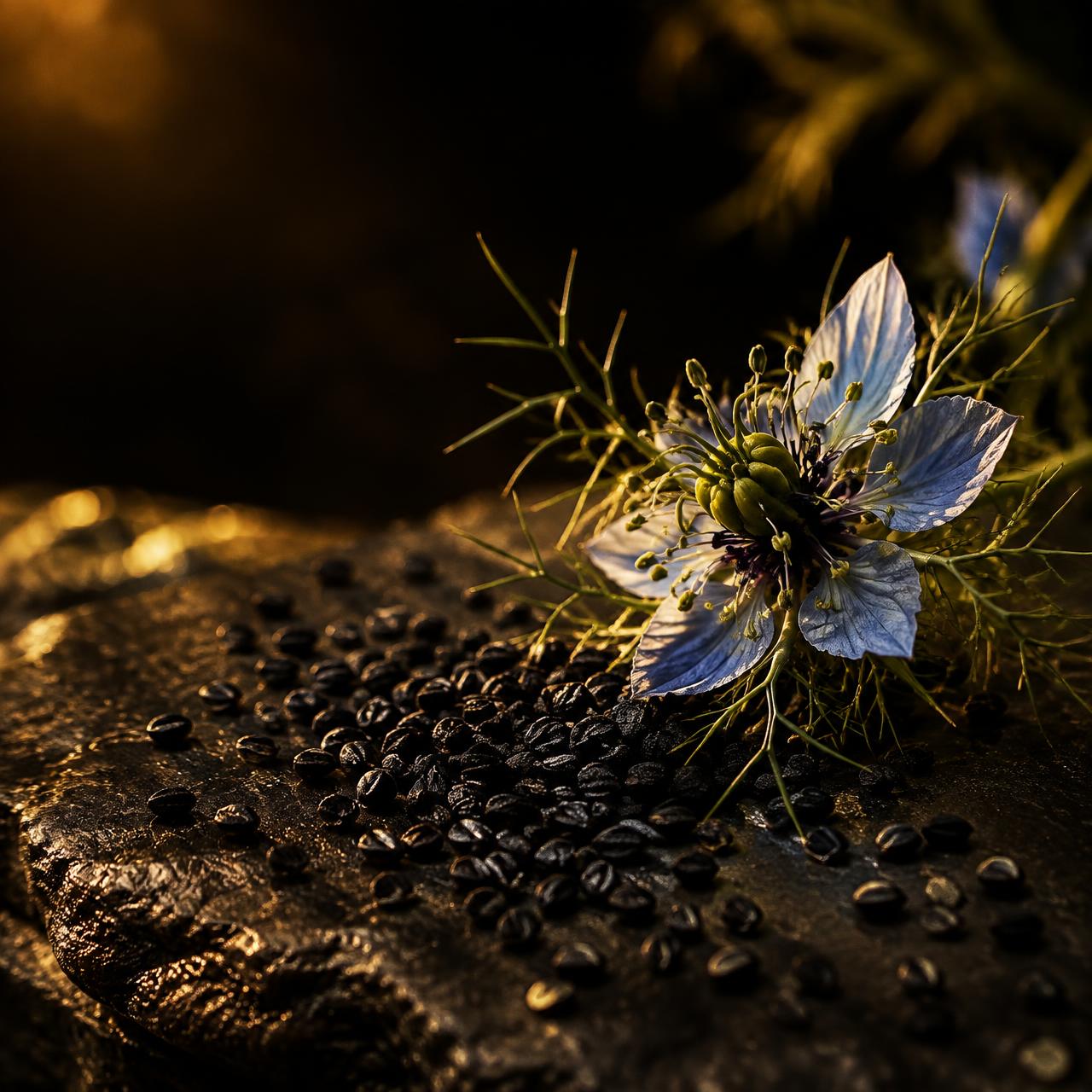 Graines et fleur de nigelle sur une pierre sombre